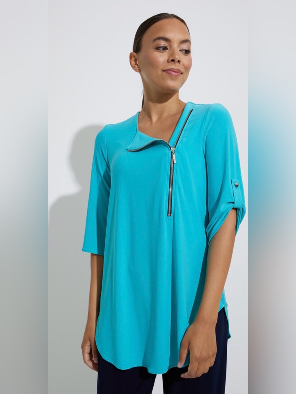 Joseph Ribkoff Asymmetrical Zip-Front Roll-Sleeve Tunic Size 6 221170